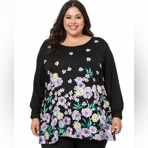 Liz Claiborne Black Top with White, pink, and yellow Floral Accents